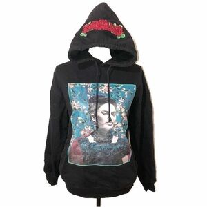 Frida Kahlo Size S Embroidered Hood Graphic Sweatshirt Black Red Flowers FLAWED